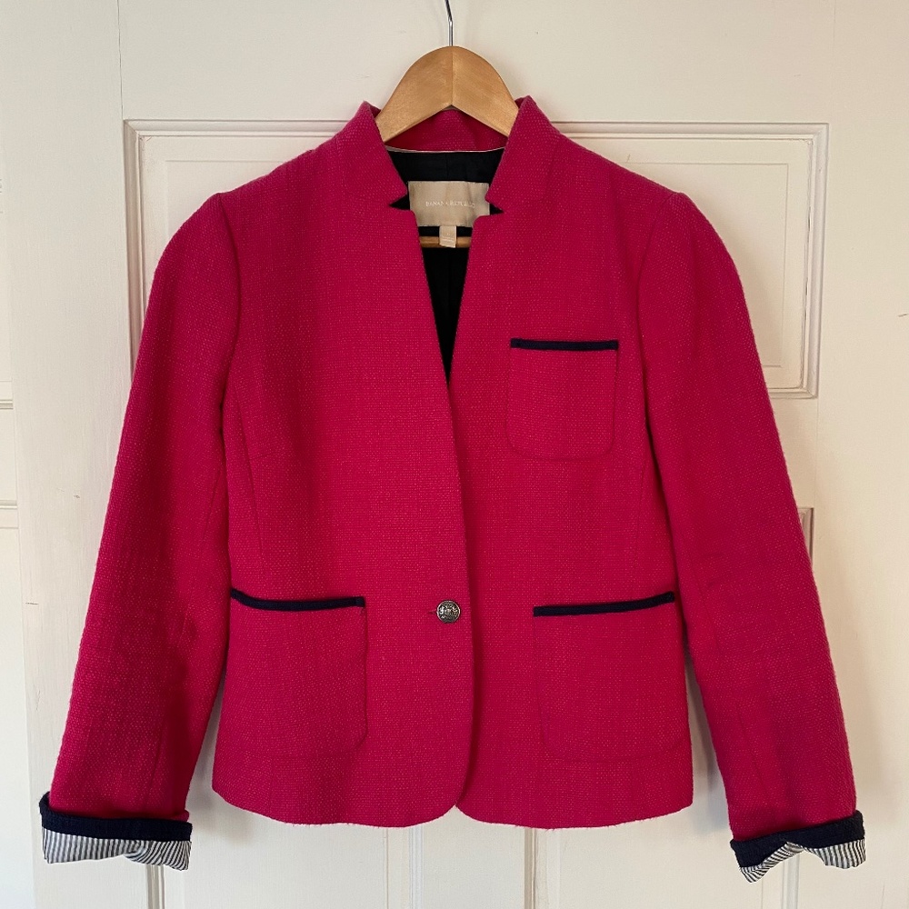 Banana Republic Bright Pink Cotton Jacket Blazer with Blue Trim, Size 6